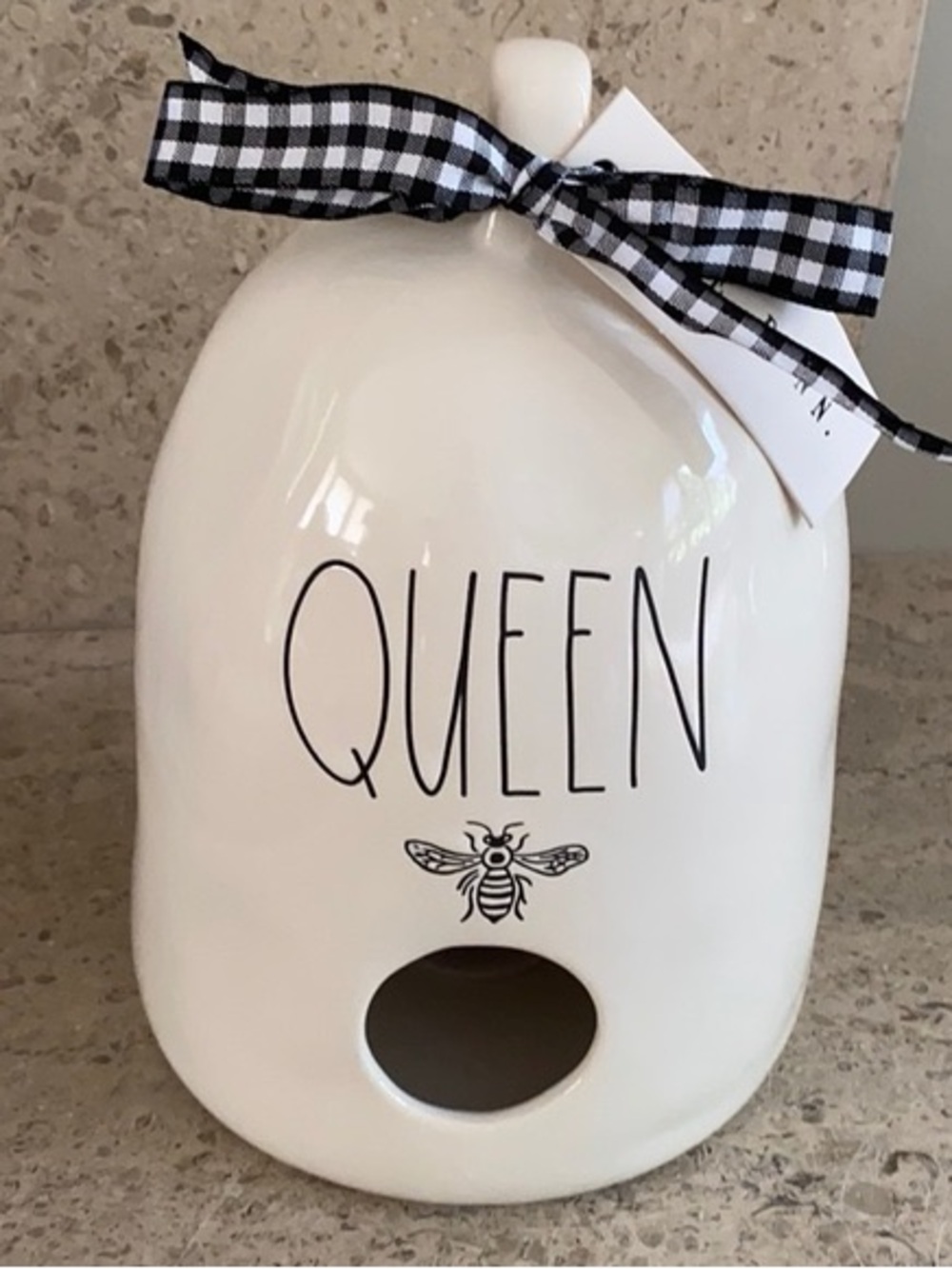 NIB Rae Dunn Queen Bee Beehive Style Birdhouse Gingham Plaid Bow